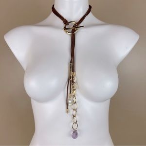 Emolo Toggle Choker Long Faux Pearl & Crystal Cord Necklace